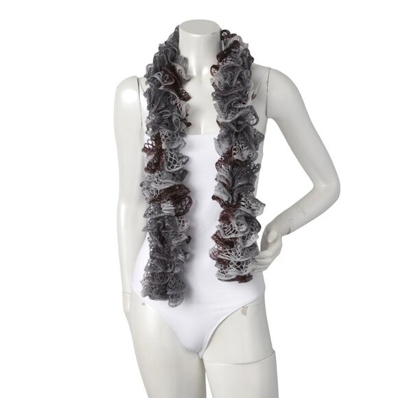 Sashay Ruffle Scarf Knit Crochet Grey Brown Silver - Picture 3 of 4